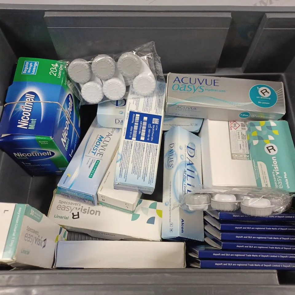 BOX TO CONTAIN APPROX. 20 X ASSORTED VISION CARE PRODUCTS. INCLUDES PACKS OF CONTACT LENSES, CLEANING SOLUTION ETC. BRANDS VARY - COLLECTION ONLY
