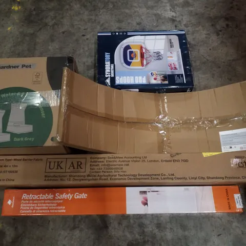 PALLET CONTAINING ASSORTED PRODUCTS INCLUDING PET WATER & FOOD DISPENSER, WEED BARRIER FABRIC, RETRACTABLE SAFETY GATE, KIDS BALANCE BOARD & BASKETBALL HOOP