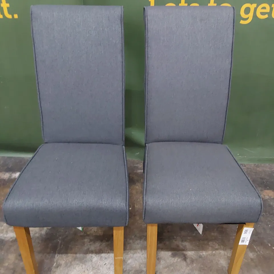 PAIR UPHOLSTERED HIGH BACK DINING CHAIRS CHARCOAL FABRIC ON NATURAL WOOD LEGS 