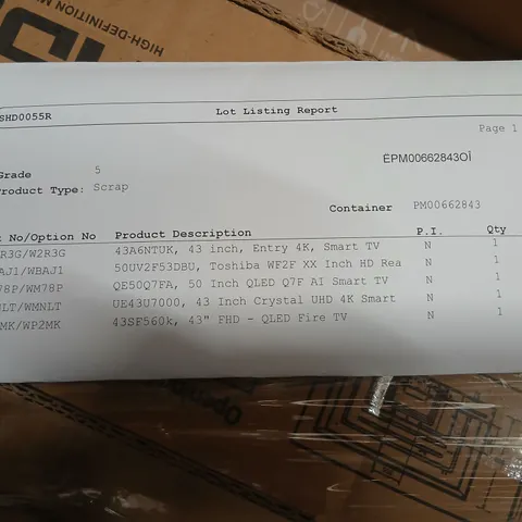 PALLET OF  FIVE ASSORTED WAREHOUSE DAMAGED TV'S TO INCLUDE;