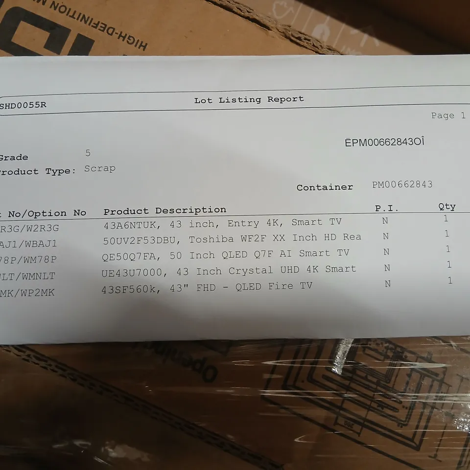 PALLET OF  FIVE ASSORTED WAREHOUSE DAMAGED TV'S TO INCLUDE;