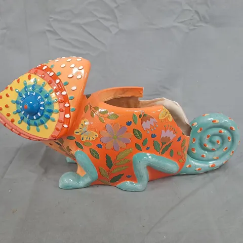 DECORATIVE GLAZED CERAMIC CHAMELEON SCULPTURE WITH FLORAL MOTIFS 