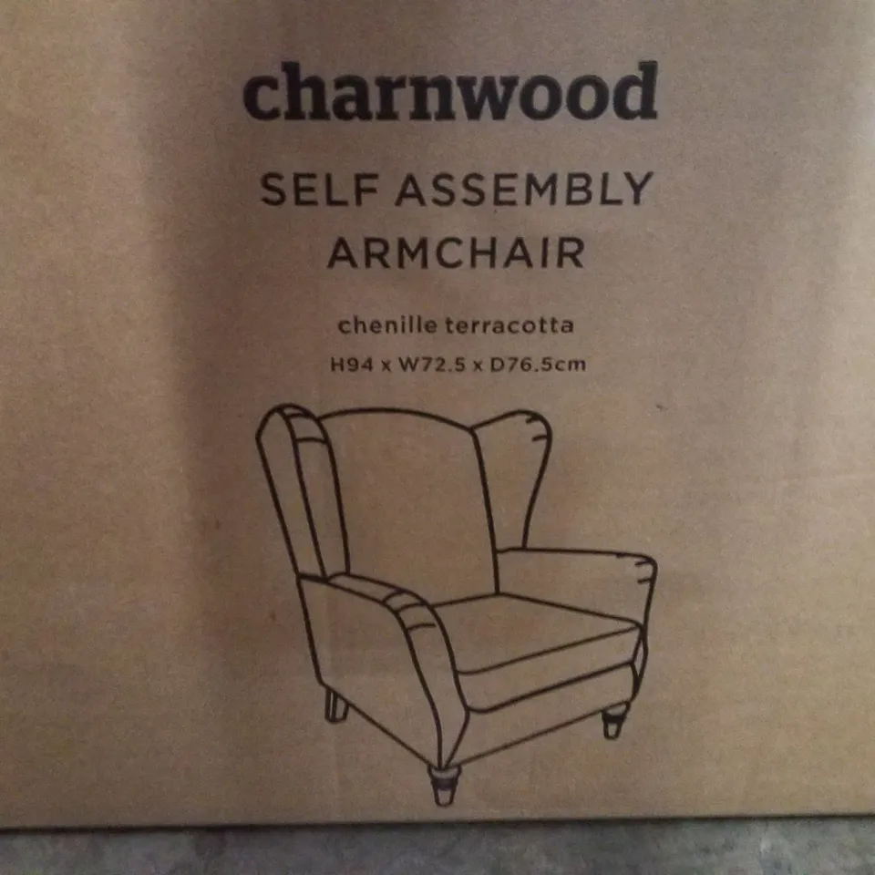 BOXED DUNELM CHARNWOODSELF ASSEMBLY ARMCHAIR CHENILLE TERRACOTA