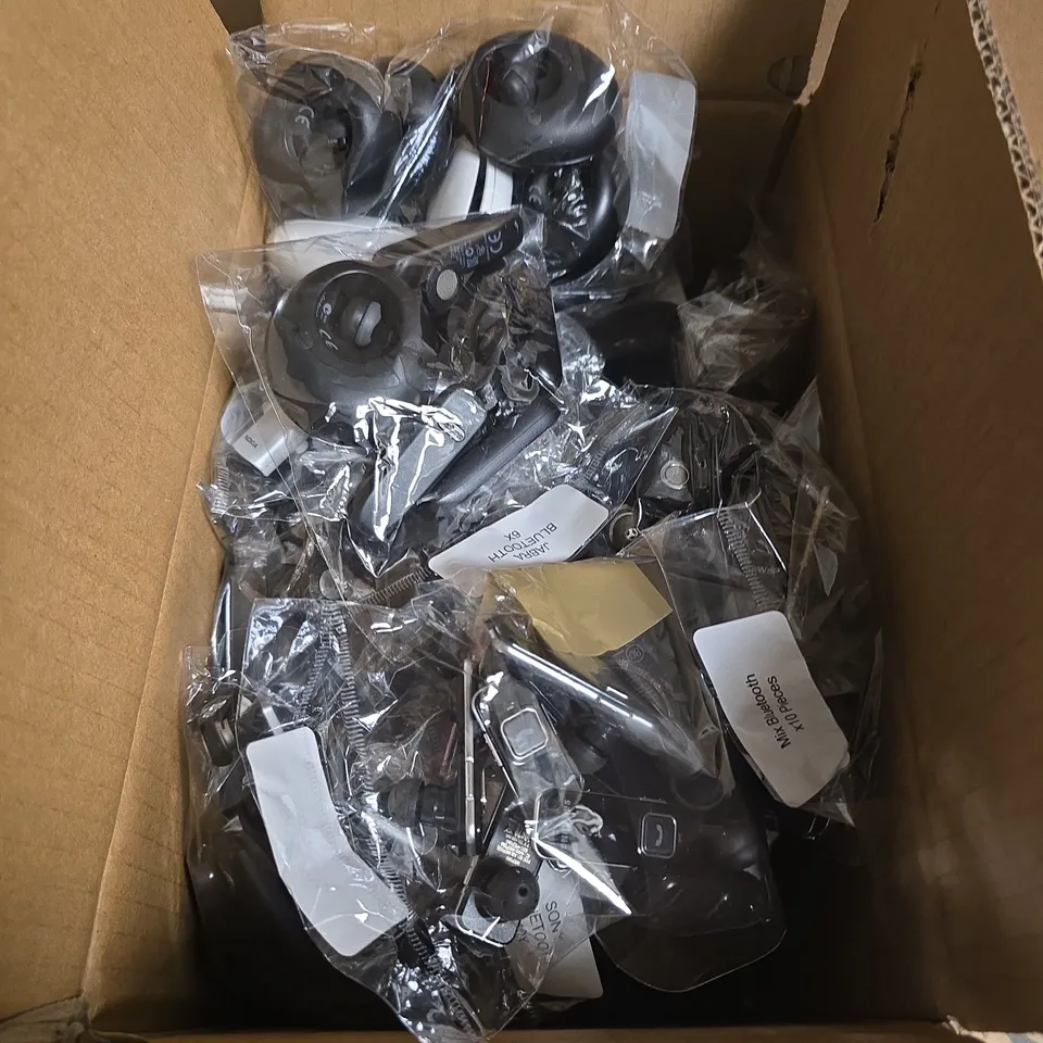 BOX OF APPROXIMATELY 50 ASSORTED BLUETOOTH EAR PIECES INCLUDING NOKIA  AND SAMSUNG 