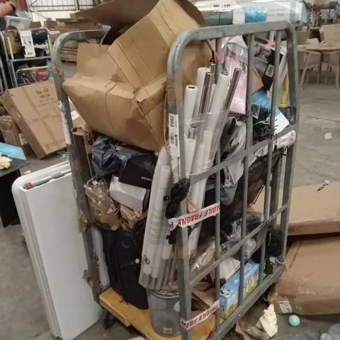 CAGE OF ASSORTED HOUSEHOLD GOODS AND PRODUCTS TO INCLUDE; EAR WAX REMOVER, SUITCASE, BINS, COOLING PACKS, EXERCISE BALL ETC - CAGE NOT INCLUDED