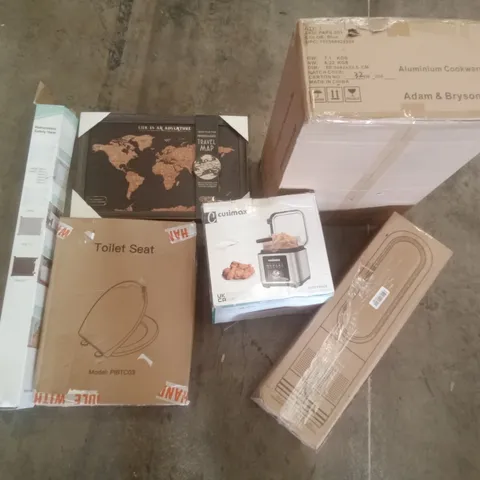 PALLET OF ASSORTED ITEMS INCLUDING ALUMINIUM COOKWARE SET, RETRACTABLE SAFETY GATE, TOILET SEAT, CORKBOARD WORLD MAP, CUSIMAX DEEP FRYER, PURE COOL FAN