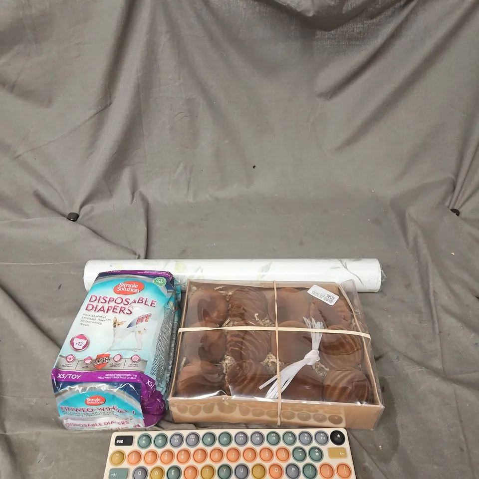 BOX OF APPROXIMATELY 20 ASSORTED HOUSEHOLD ITEMS TO INCLUDE WALLPAPER, DOG DIAPERS, BAUBLES, RUBBER KEYBOARD COVER ETC