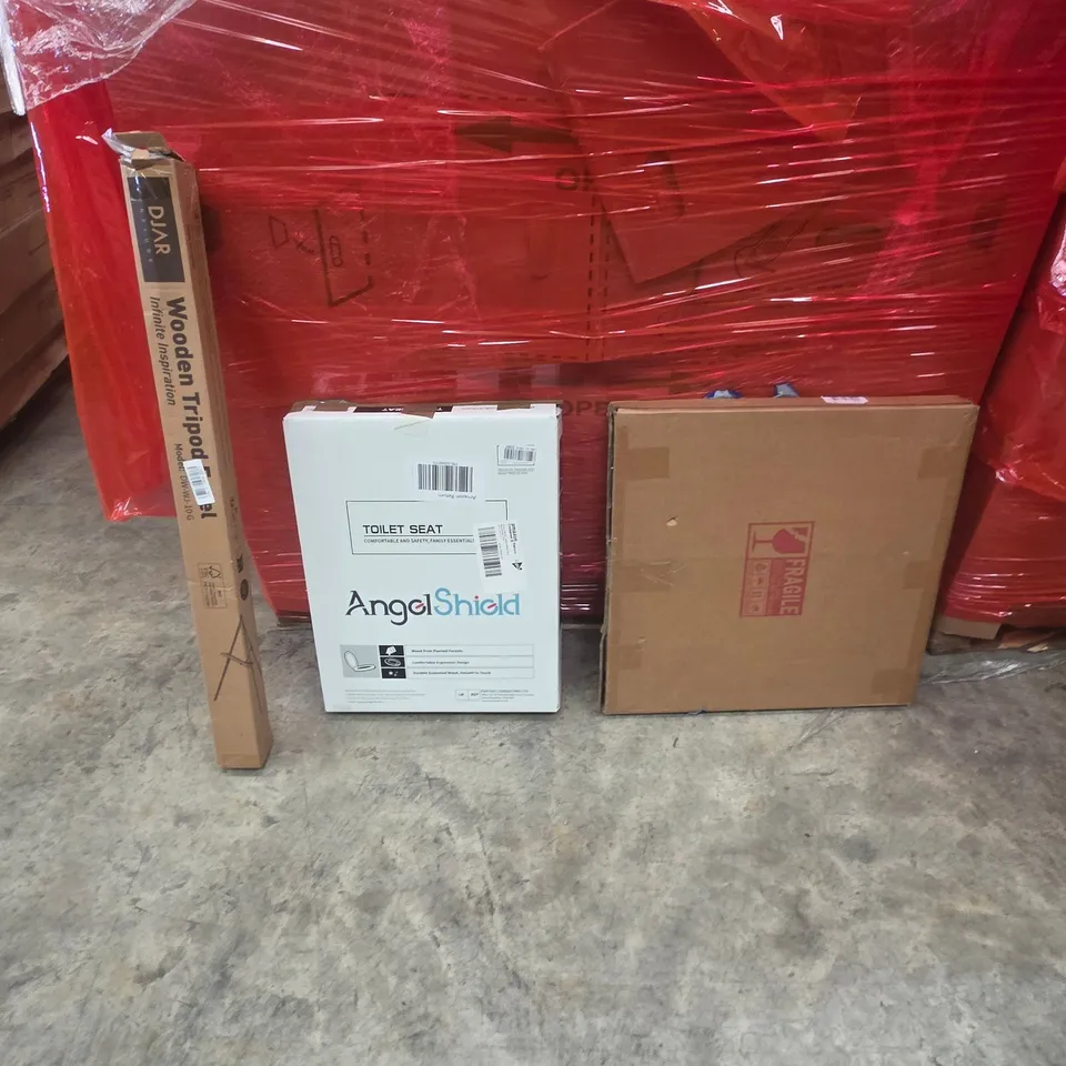 PALLET OF ASSORTED HOUSEHOLD GOODS AND PRODUCTS TO INCLUDE;TOILET SEAT,TRIPOD,PICTURE FRAME