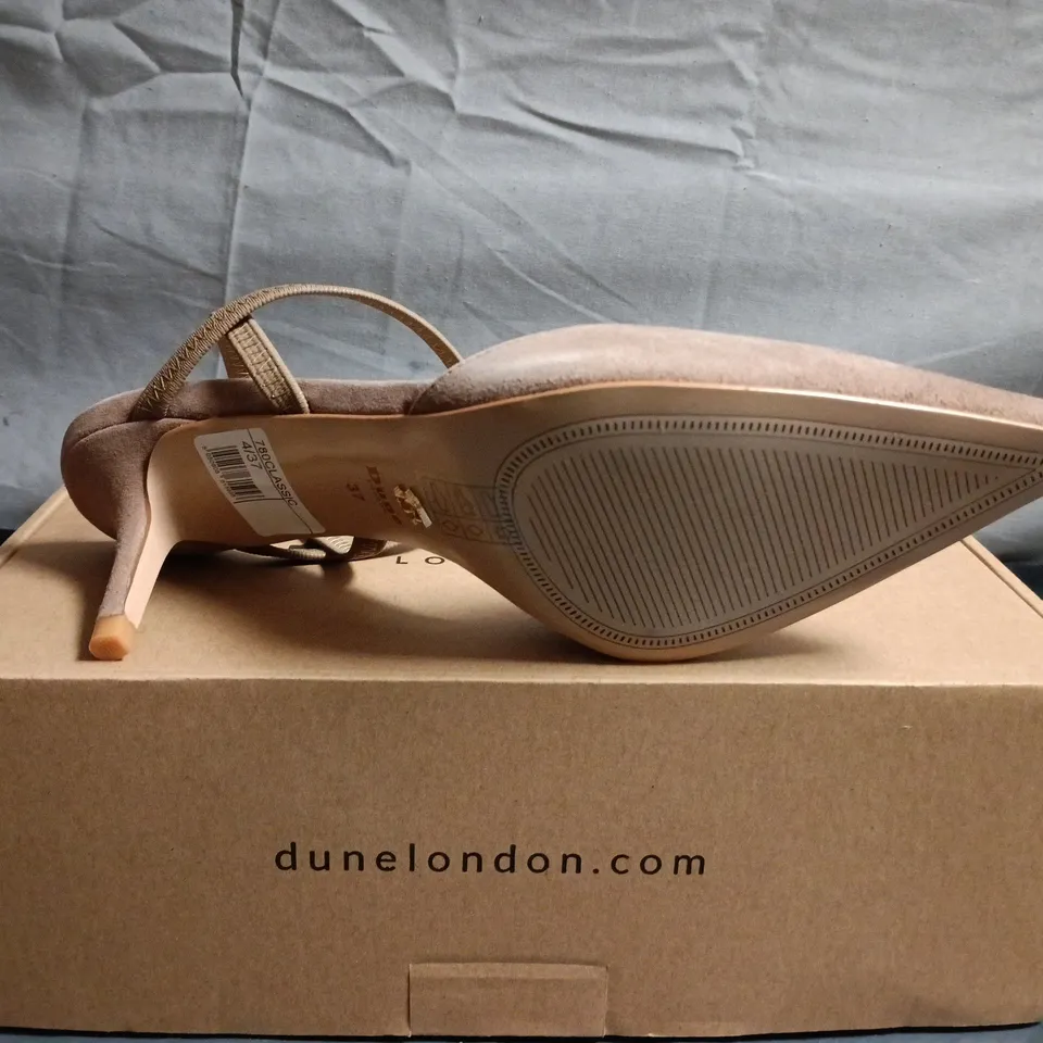 BOXED PAIR OF DUNE LONDON TAUPE CARAMEL SUEDE SLINGBACK POINTED-TOE HEEL - UK SIZE 4