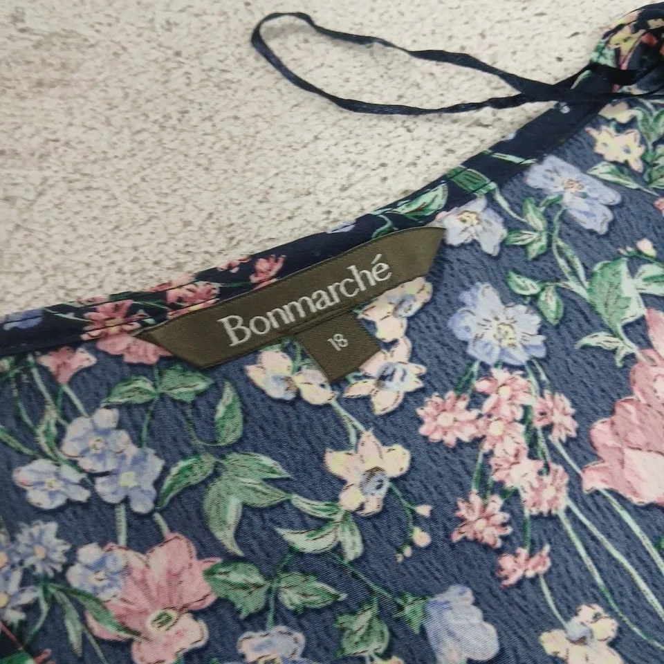 UK 15 BONMARCHÉ FLORAL DRESS – NAVY WITH PINK/BLUE/GREEN FLOWERS
