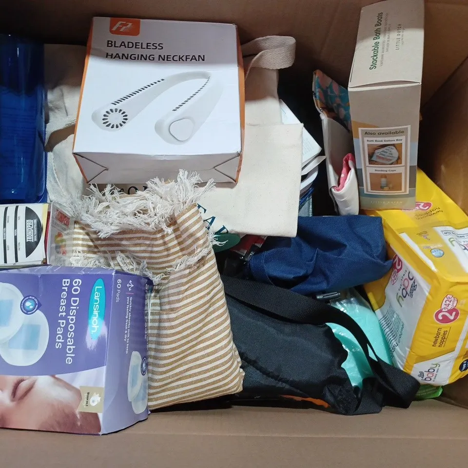 BOX OF APPROXIMATELY 12 ASSORTED ITEMS TO INCLUDE - BLADELESS HANGING NECKFAN - LANSINOH 60 DISPOSABLE BREAST PADS - STACKABLE BATH BOATS ECT