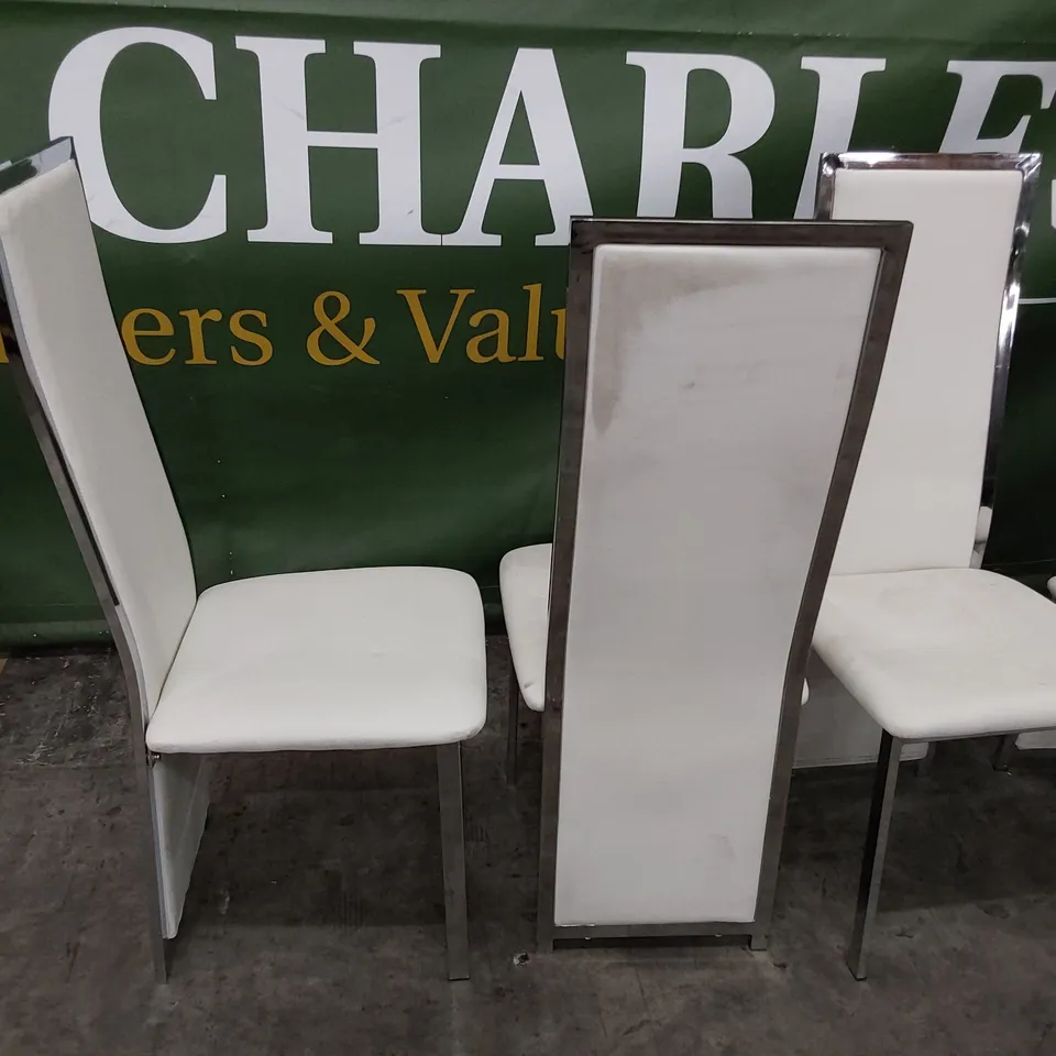 SET OF SIX CHROME FRAMED HIGH BACK DINING CHAIRS WHITE PU