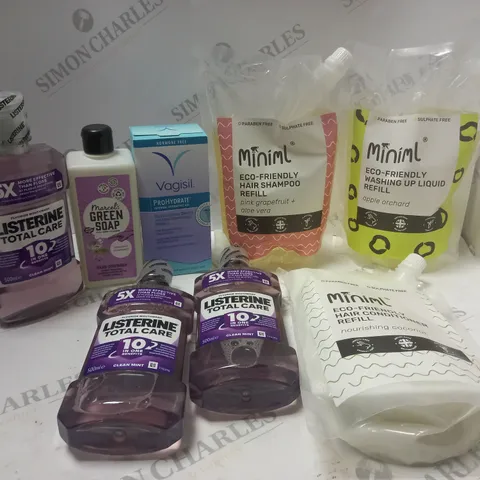 LOT OF ASSORTED COSMETIC ITEMS TO INCLUDE ECO-FRIENDLY SHAMPOO, MOUTH WASH AND VAGISIL