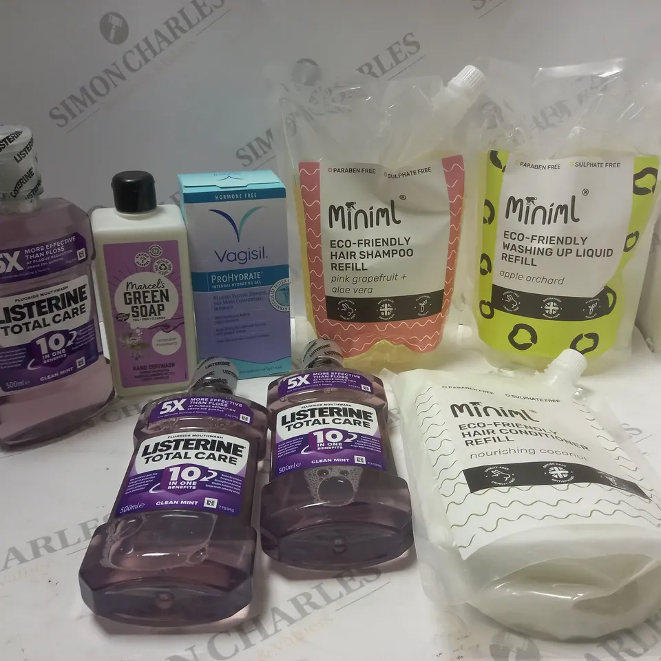 LOT OF ASSORTED COSMETIC ITEMS TO INCLUDE ECO-FRIENDLY SHAMPOO, MOUTH WASH AND VAGISIL 