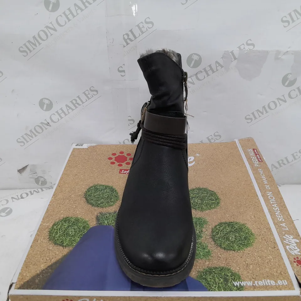 BOXED PAIR OF RELIFE CLAIRE BOOTS IN BLACK - SIZE 38