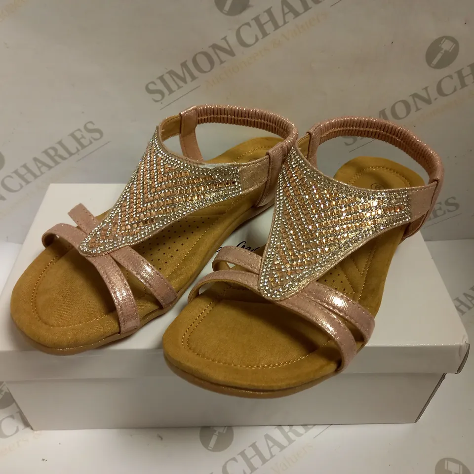 BOXED MAYA GRACE ROSE GOLD SANDALS WITH DIAMANTE DETAIL - SIZE 6
