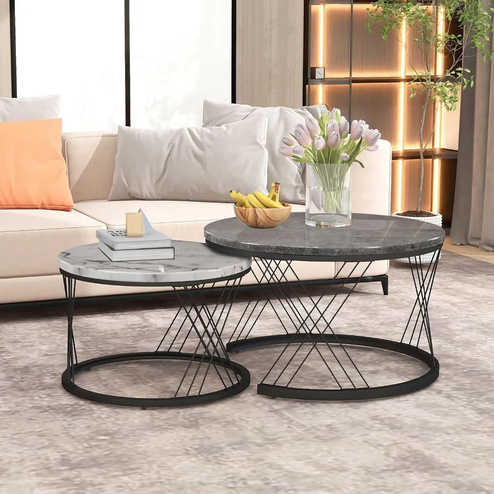 BOXED MERAX ROUND COFFEE TABLE MODERN COFFEE TABLE SET OF 2 NESTING TABLE WITH MARBLE PATTERN TOP SUITABLE FOR LIVING ROOM, BEDROOM, HOME OFFICE