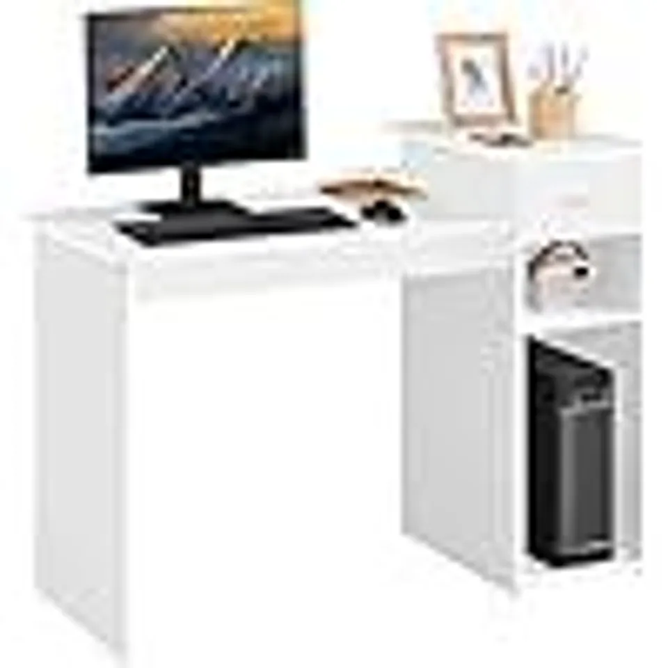 BOXED YAHEETECH HOME OFFICE COMPUTER DESK WITH STORAGE DRAWER & MONITOR SHELF, WHITE