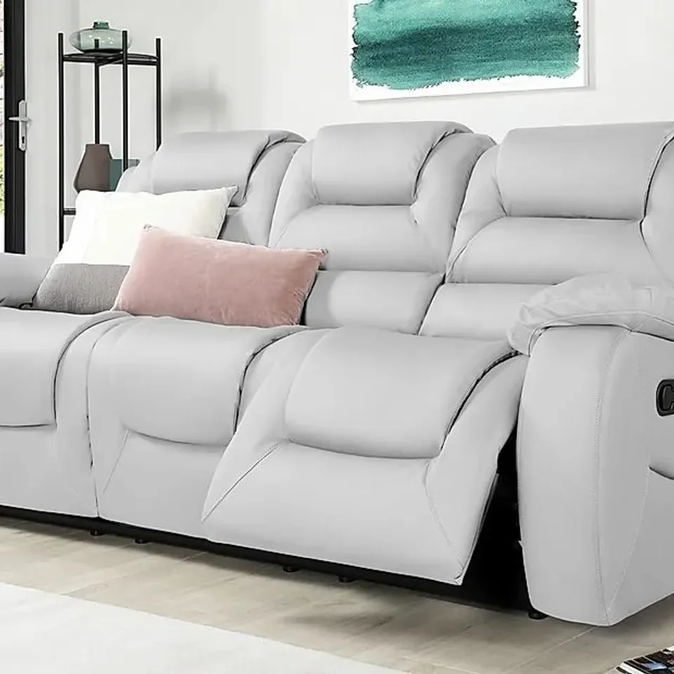 DESIGNER VANCOUVER MANUAL RECLINING LIGHT GREY LEATHER THREE SEATER SOFA