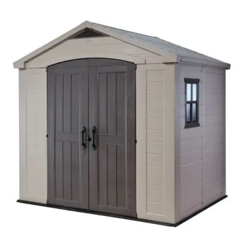 BOXED KETER FACTOR 6FT W × 8FT D APEX OUTDOOR GARDEN SHED (2 BOXES)