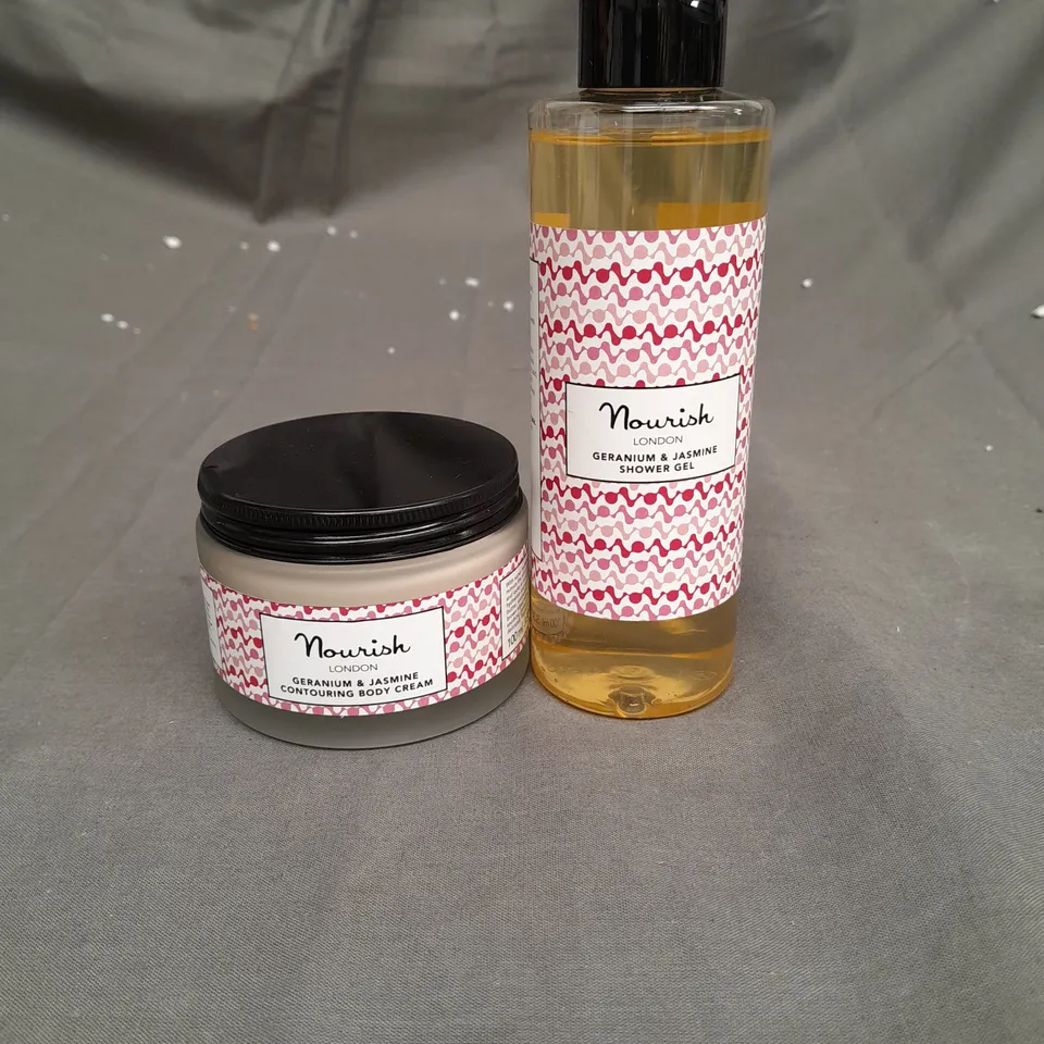 NOURISH LONDON SHOWER GEL AND CONTOURING BODY CREAM GERANIUM AND JASMINE SCENT