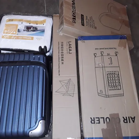 AIRNCOOLERUNPROCESSED PALLET OF ASSORTED ITEMS TO INCLUDE LEVEL8 LUGGAGE CASE, CEILING FAN, FOLDING TABLE AND AIR COOLER