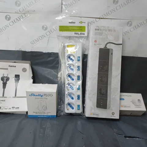 BOX OF APPROX 30 ASSORTED ITEMS TO INCLUDE -SHELLY PLUG , HAMA POWER CABLE , SMART WIFI MINI PLUG ETC