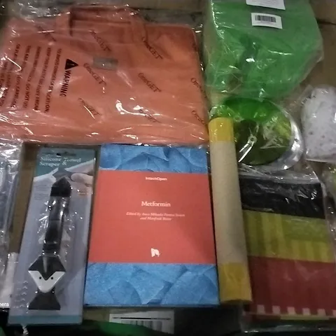 PALLET OF ASSORTED ITEMS INCLUDING METFORMIN BOOK, WORLD CUP FLAGS, SCULPTING TOOL SET, SILICONE TROWEL & SCRAPER, 6PC FOAM FILTERS, LAPTOP SHOULDER BAG