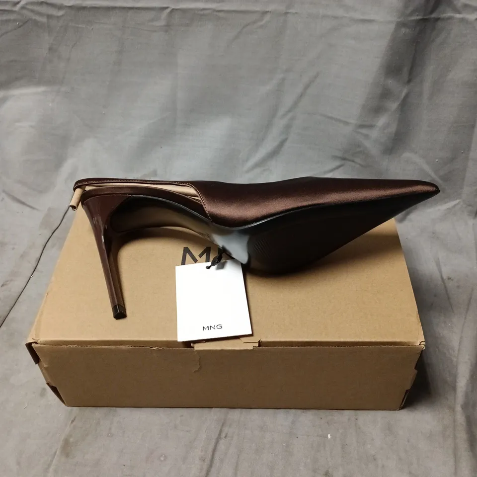 MNG BY MANGO WOMEN'S BROWN SATIN SLINGBACK HIGH HEELS – POINTED TOE SIZE 5 BOXED
