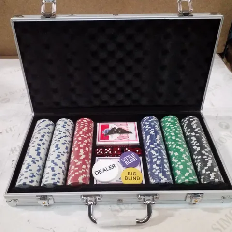 BOXED DISPLAY4TOP TEXAS HOLDEM POKER CHIPS SET WITH ALUMINUM CASE,2 DECKS OF CARDS, DEALER, SMALL BLIND, BIG BLIND BUTTONS AND 5 DICE (300PCS)