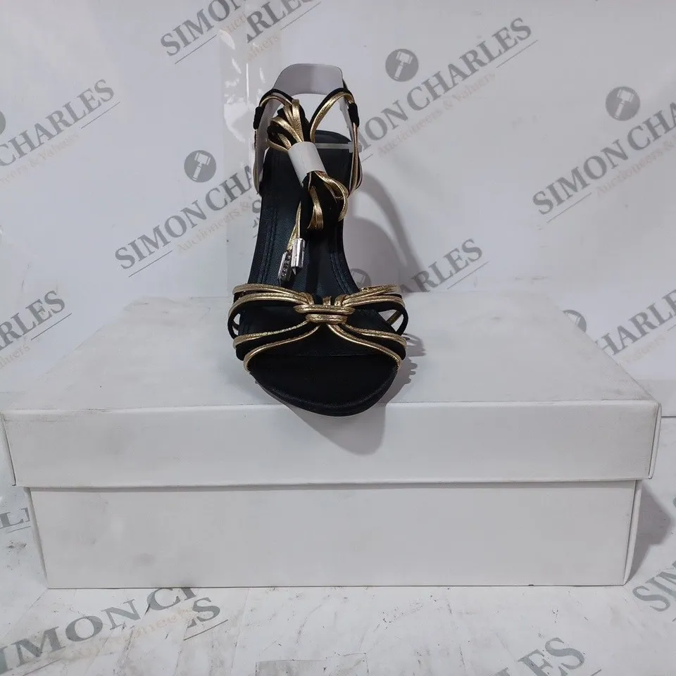 BOXED PAIR OF REISS CASSIDY STRAPPY SUEDE HEELS IN BLACK/GOLD SIZE 5