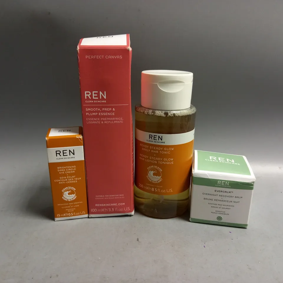 4 ASSORTED REN CLEAN SKINCARE PRODUCTS TO INCLUDE READY STEADY GLOW DAILY AHA TONIC 250ML, SMOOTH PREP & PLUMP ESSENCE 100ML, EVERCALM OVERNIGHT RECOVERY BALM 30ML