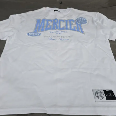 MERCIER LOGO T-SHIRT, WHITE/BLUE - UK SIZE XS