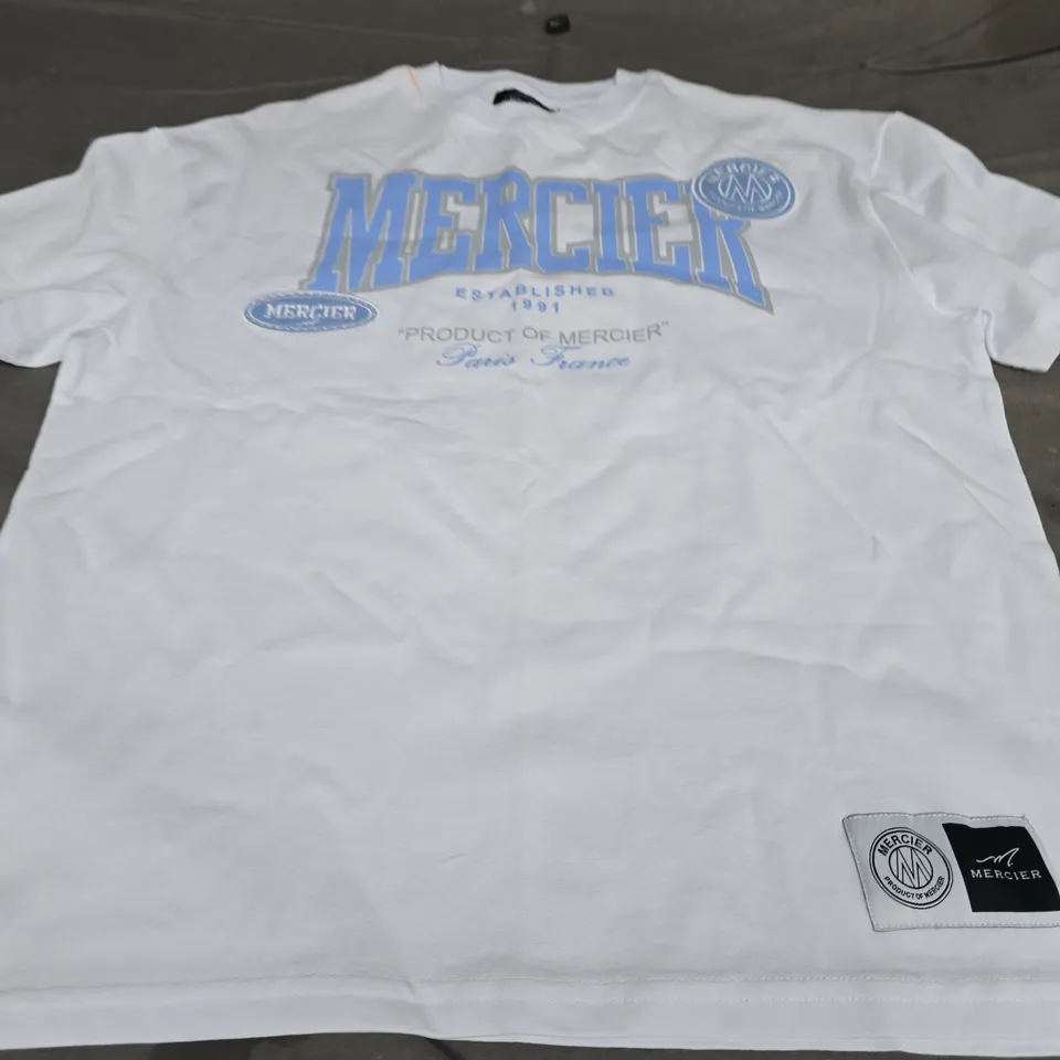 MERCIER LOGO T-SHIRT, WHITE/BLUE - UK SIZE XS