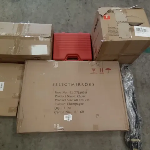 PALLET OF ASSORTED ITEMS INCLUDING PATIO HEATER, SELECTMIRRORS RHONE, FUEL INJECTOR, TRIPOD LIGHT, ADJUSTABLE WINDOW SCREEN, GAS WATER HEATER