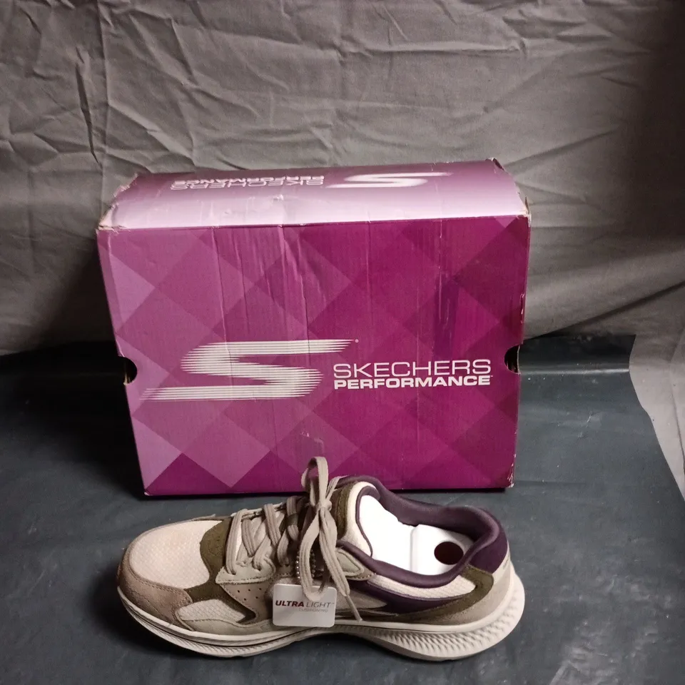 SKECHERS PERFORMANCE ULTRA LIGHT RUNNING SHOES – BEIGE/OLIVE, BOXED - SIZE UK 5 