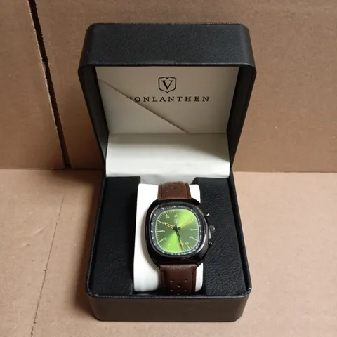 BOXED VONLANTHEN WRISTWATCH WITH GREEN DIAL AND BROWN PERFORATED LEATHER STRAP