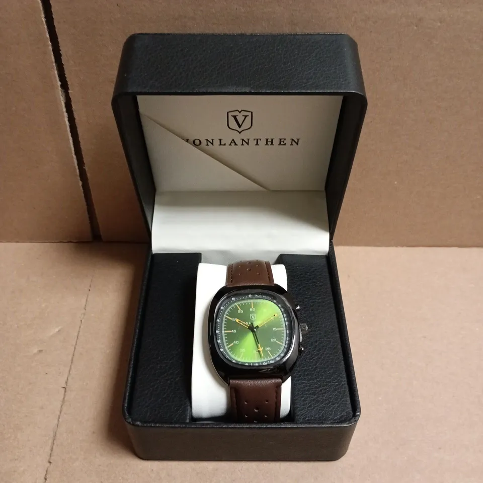 BOXED VONLANTHEN WRISTWATCH WITH GREEN DIAL AND BROWN PERFORATED LEATHER STRAP
