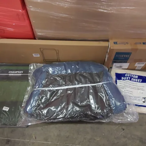 PALLET OF ASSORTED ITEMS INCLUDING: CLOTHES RAIL, SHELVES, DUST SHEET, DOG BED, GOLF HITTING MAT