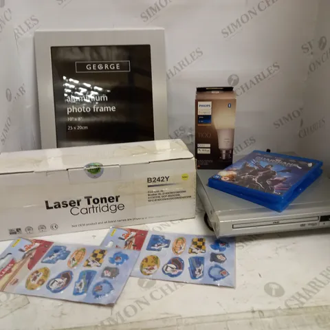 LOT OF 10 ASSORTED HOUSEHOLD ITEMS, TO INCLUDE DVD PLAYER, PHILIPS BULB, TONER CARTRIDGE, ETC