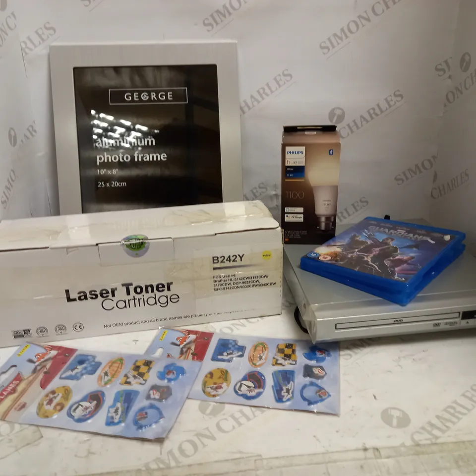 LOT OF 10 ASSORTED HOUSEHOLD ITEMS, TO INCLUDE DVD PLAYER, PHILIPS BULB, TONER CARTRIDGE, ETC