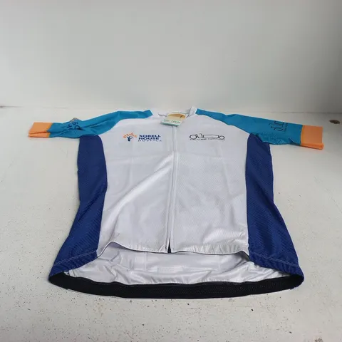 DRI-TECH SPORTS APPAREL CYCLING JERSEY – MEN'S – UK L – WHITE WITH BLUE PANELS AND SPONSOR LOGOS