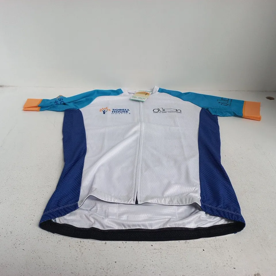 DRI-TECH SPORTS APPAREL CYCLING JERSEY – MEN'S – UK L – WHITE WITH BLUE PANELS AND SPONSOR LOGOS