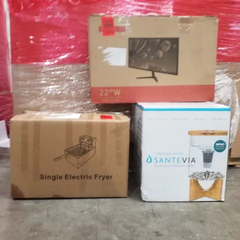 PALLET OF ASSORTED HOUSEHOLD GOODS AND PRODUCTS TO INCLUDE;SINGLE ELECTRIC FRYER,22" LED TV,GLASS WATER SYSTEM