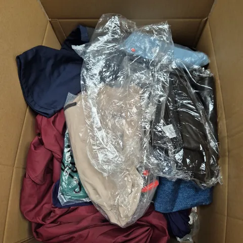 LARGE BOX OF APPROXIMATELY 25 ASSORTED CLOTHING ITEMS IN VARIOUS COLOURS, STYLES AND SIZES - COLLECTION ONLY