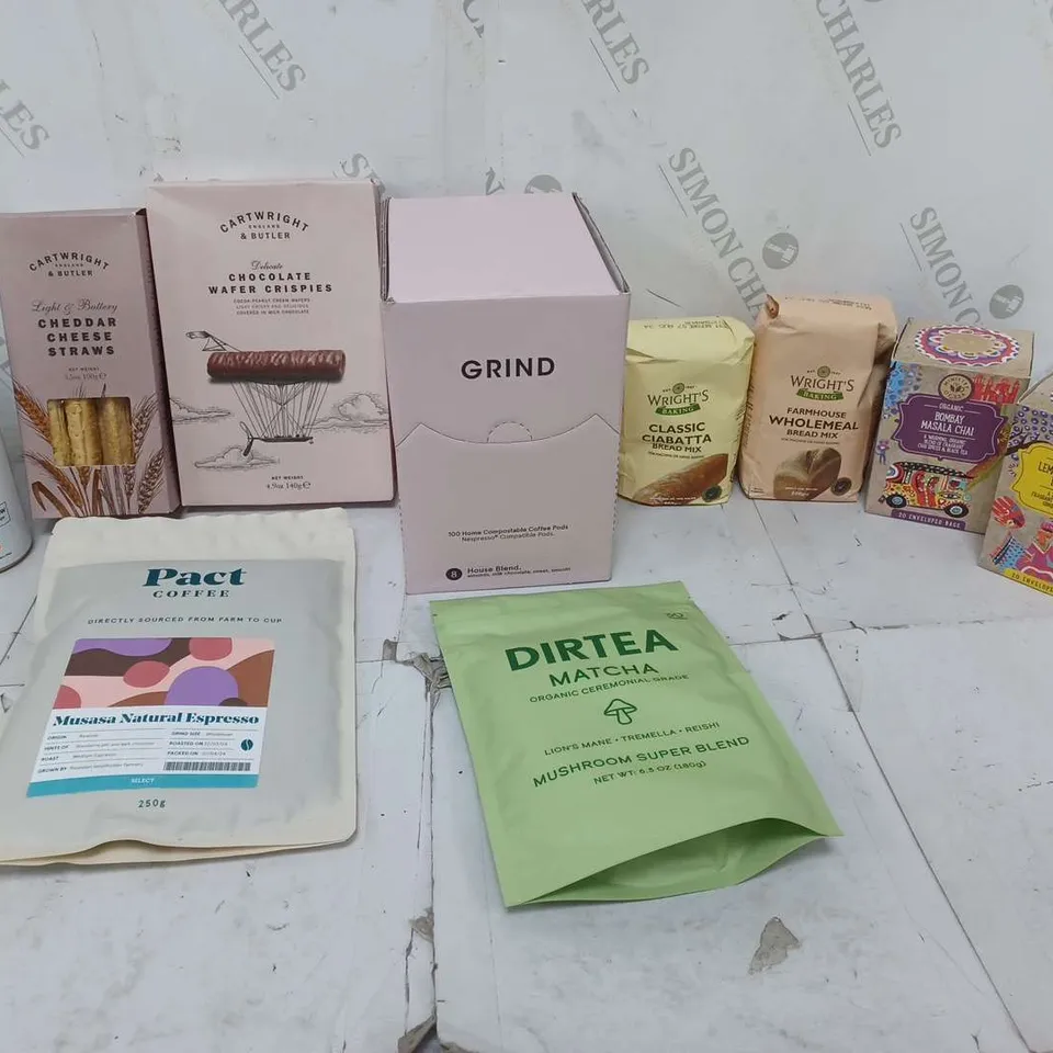 ASSORTED FOOD TOTE TO INCLUDE PACT COFFEE, HUEL MEAL, AND DIRTEA MATCHA ETC. 