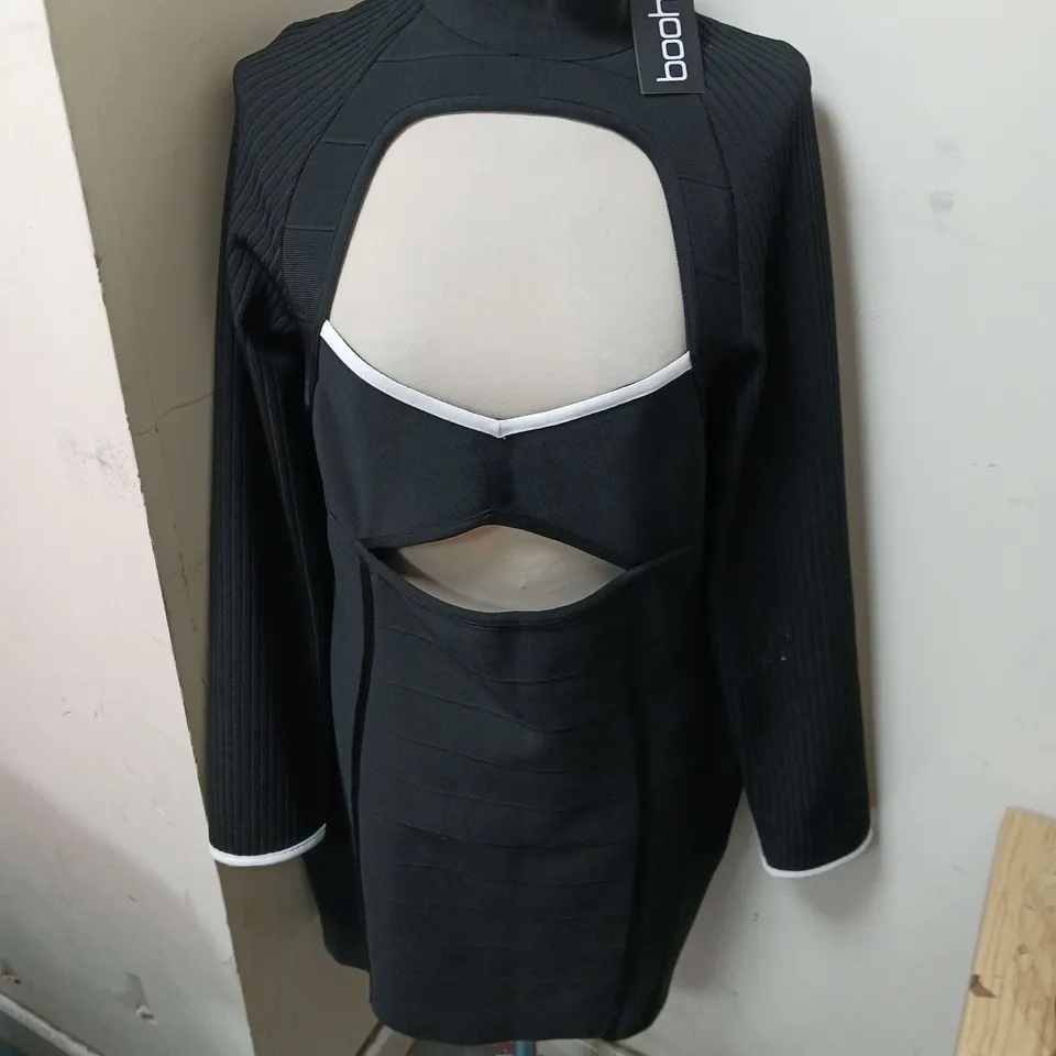 BOOHOO MONO BONDAGE CUT OUT MINI DRESS BLACK SIZE 18