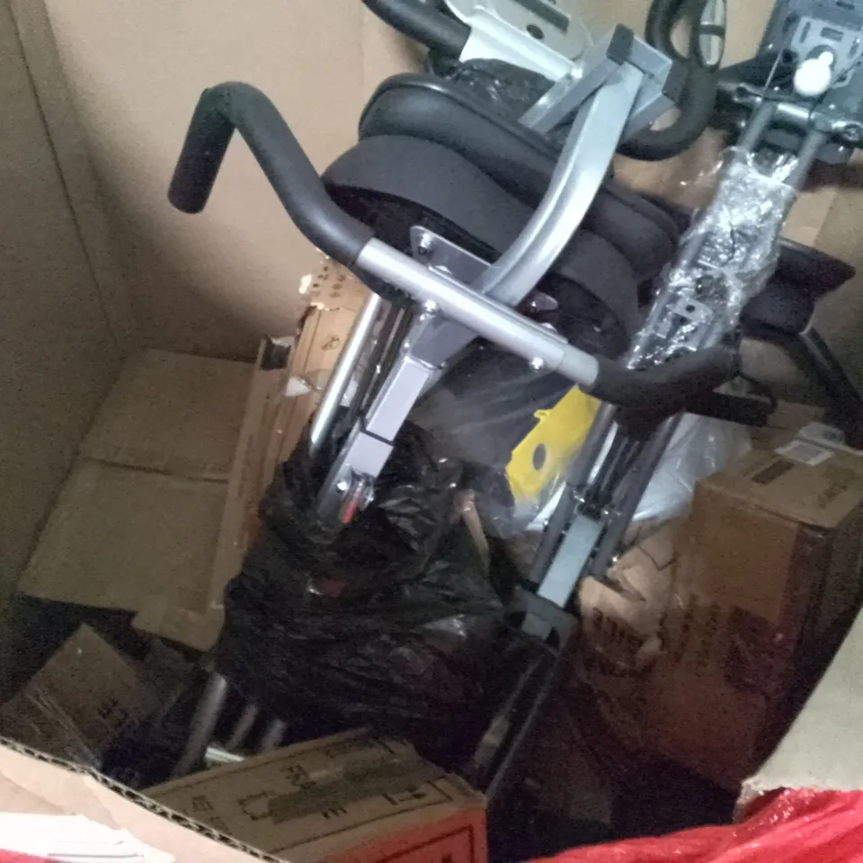 PALLET OF ASSORTED ITEMS INCLUDING PEPE BATH TRANSFER BOARD, RETRACTABLE SAFETY GATE, PEPE CHAIR WITH HANDLES, TRELLIS, EXERCISE BIKE