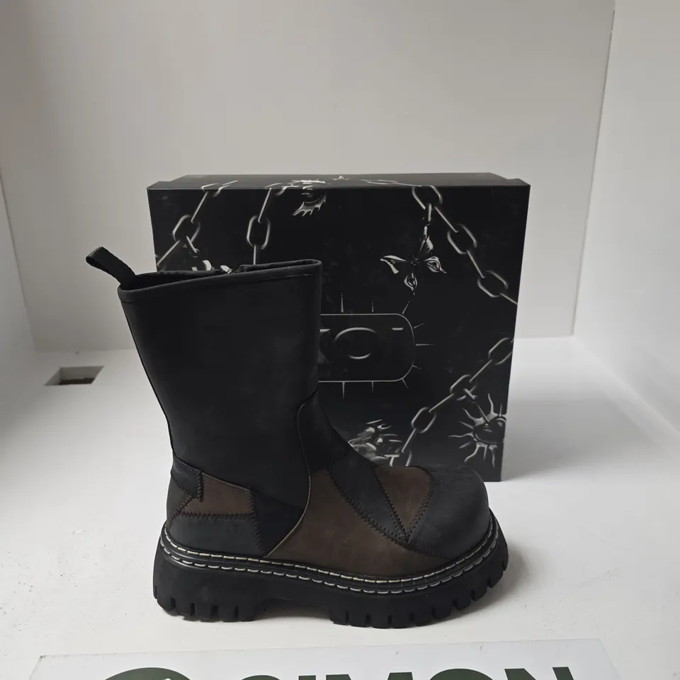 BOXED KOI APOCALYPSE BOOTS – UK 6 – BLACK PATCHWORK LEATHER