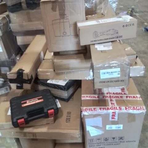 PALLET CONTAINING VARIOUS ASSORTED BOXED ITEMS TO INCLUDE: CORDLESS ANGLE GRINDER, CORDLESS DRILL, JUICER, PICNIC SET AND LOTS MORE UNMARKED BOXED ITEMS 